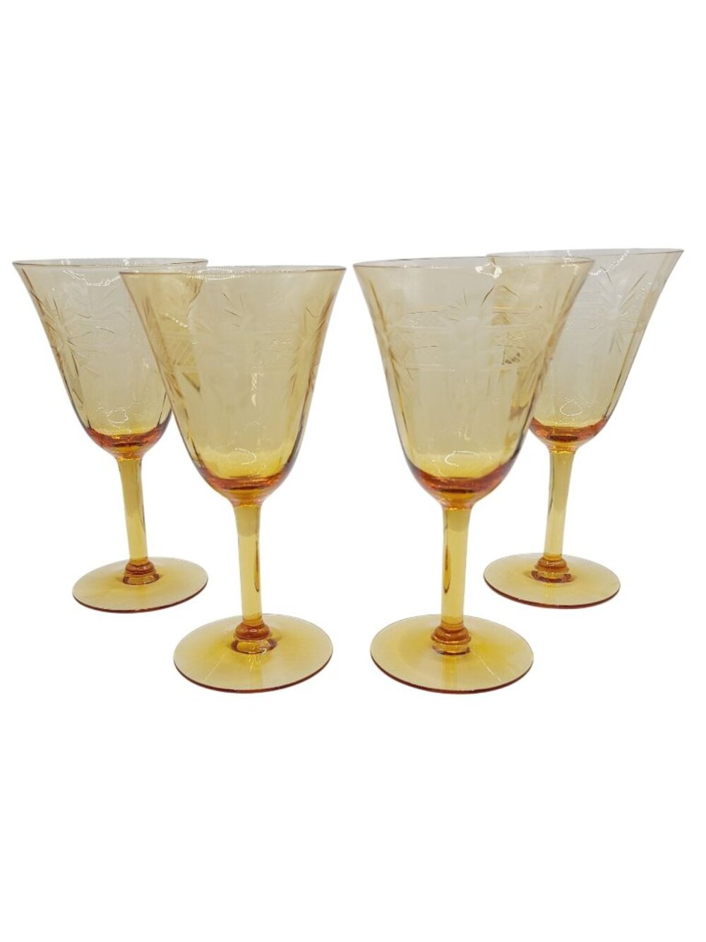 Vtg Amber Glass Wine Goblets Etched Floral Lattice Design Set of 4 MCM Retro